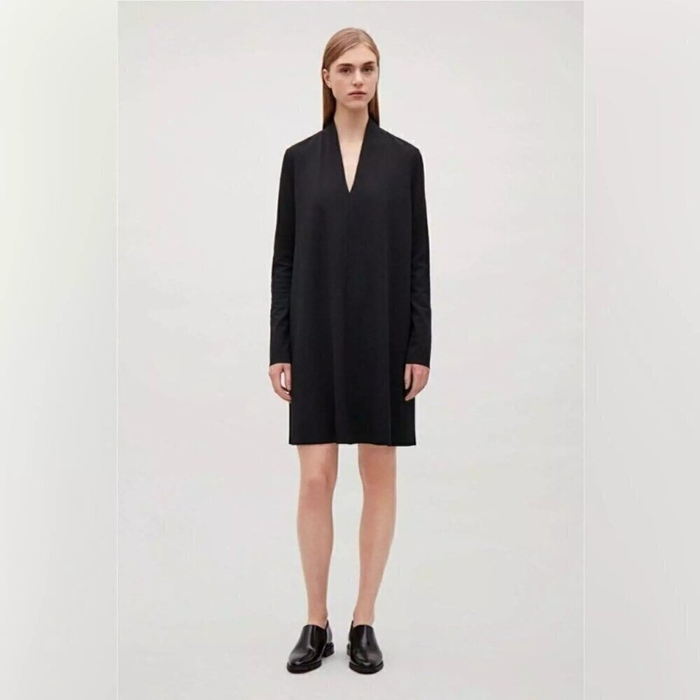 Cos Stretch Knit A-Line Black V-Neck Long Sleeve Dress S Office Date Night